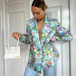 ZARA SATIN EFFECT FLORAL BLAZER MULTICOLOR S NET